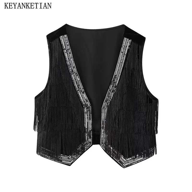 

KEYANKETIAN 2024 New Launch Tassel Sequined Decoration Women's Velvet Vest Bohemian Holiday wind Spring Crop Top Waistcoat Coat