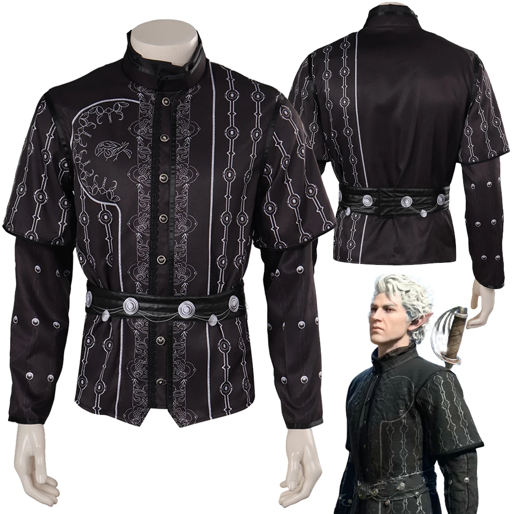 

Astarion Cosplay Fantasy Silver-print Top Outfits Game Baldur Cosplay Gate Disguise Costume Men Halloween Roleplay Fantasia Suit