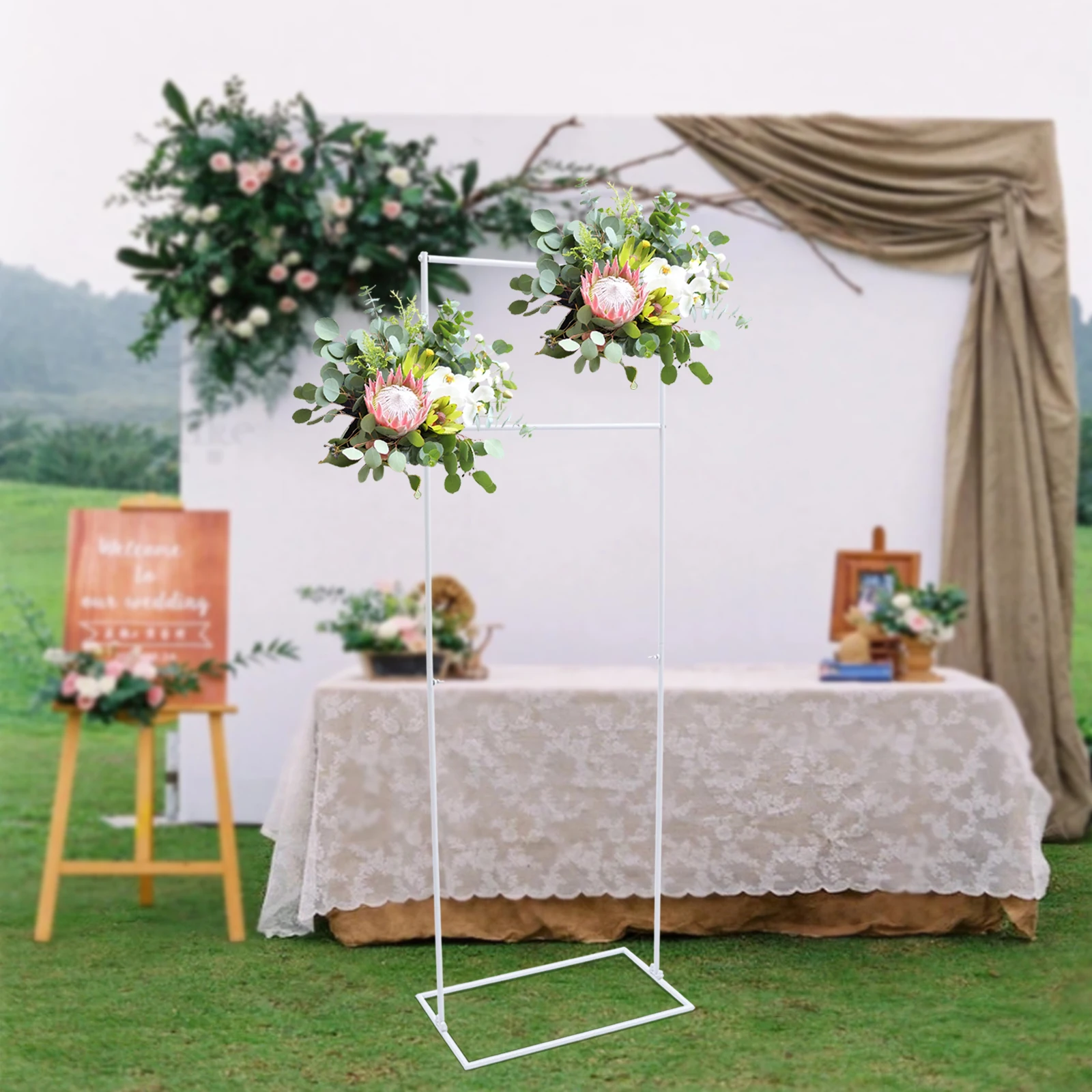 5FT Metal Wedding Arch Stand Rectangle Balloon Frame Backdrop Venue Decor Flower Display Rack for Wedding 155cm Gold/White