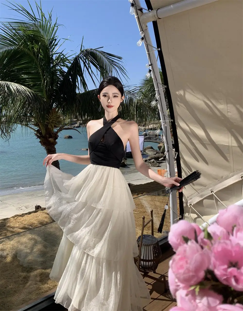 Elegant Patchwork Ruffles Cake Dresses for Women Halter Sleeveless Backless Evening Party Dress Prom A-line One Piece Vestido