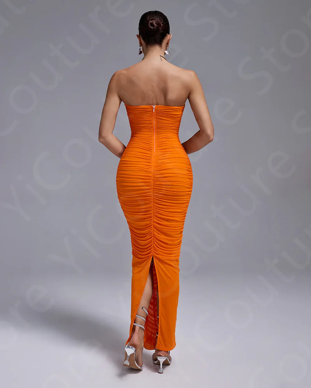 Orange Cocktail Party Dresses Ankle Length Homecoming Gowns Strapless Flower Pageant Dresses Back Slit Pleating