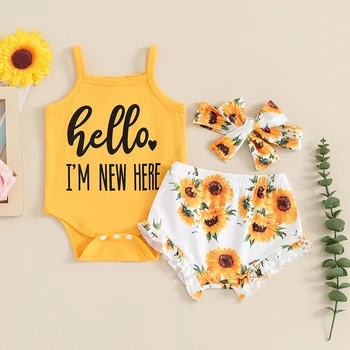 2024-03-09 Lioraitiin 0-18M Cute Baby Girls Summer Clothes Set Sleeveless Letter Print Romper+Frill Trim Flower Shorts+Headband 4