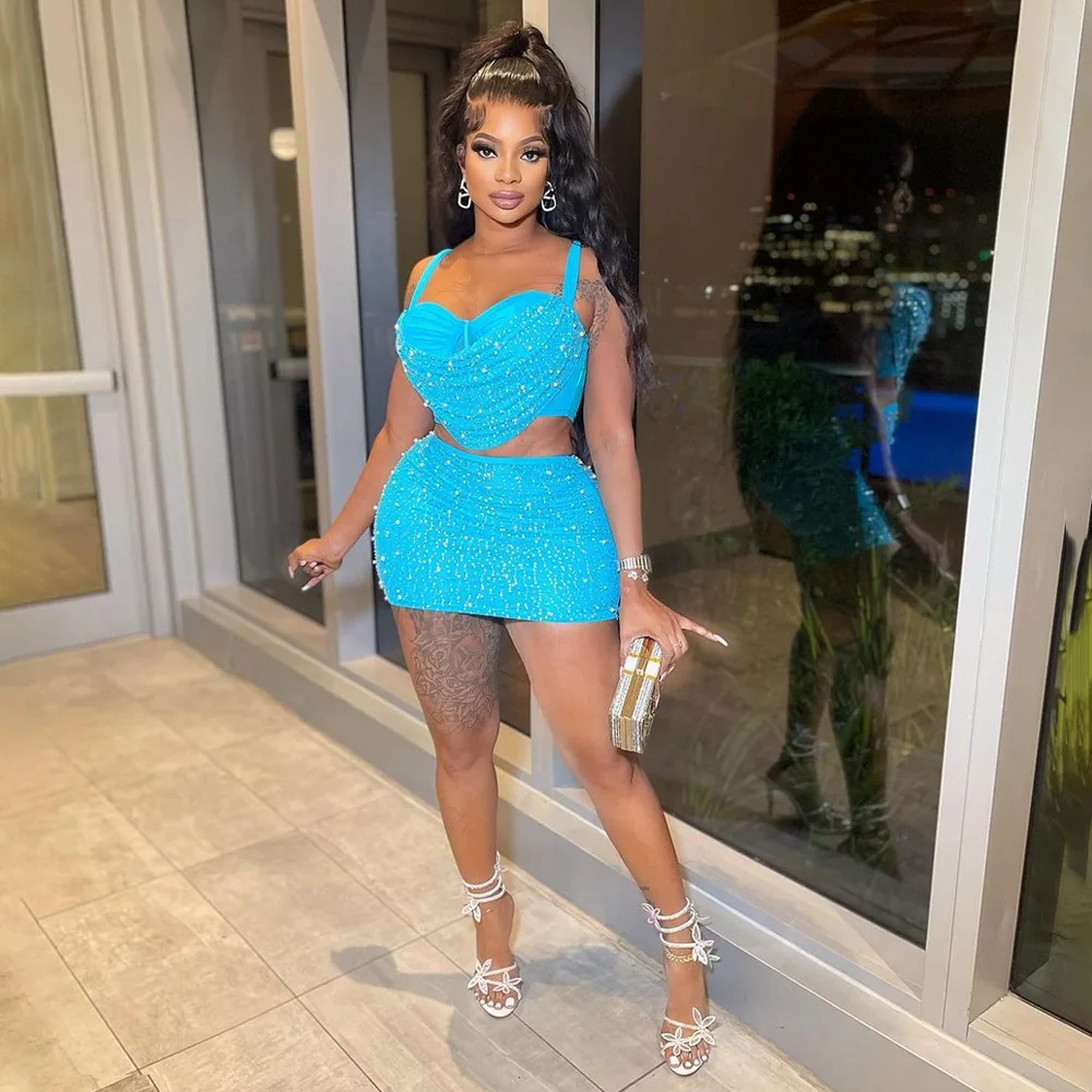Rhinestone Crop Tops 2 Piece Skirt Sets 2023 Winter Women Y2K Streetwear Fashion Mini Backless Sexy Party Club Dress Outfits