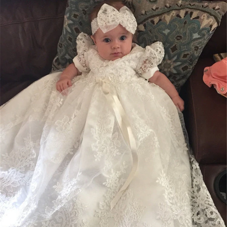 

White Lace Baby Girl Christening Gowns Long Newborn Kids Toddler Baptism Party Dresses First Birthday Outfits Wedding Dress