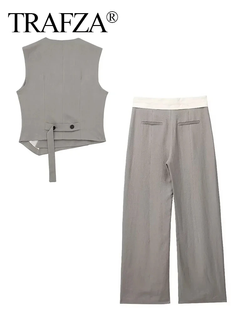 TRAFZA damski kombinezon jednokolorowe spodnie asymetryczny bez rękawów jednorzędowa kamizelka Top z wysokim stanem luźne spodnie moda Streetwear