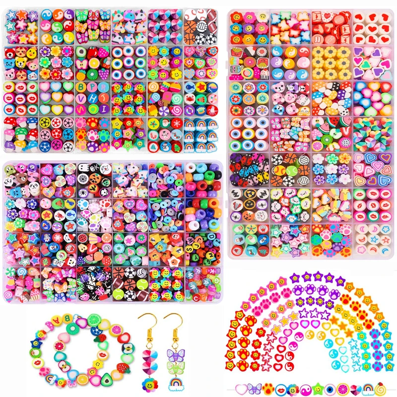 Kit de Perles en Argile Polymère, 24 Styles, Amusantes, Mignonnes, Fleur, Papillon, Cœur, Lettres, Poney, pour Bracelet, Collier, pour Travaux Manuels 1