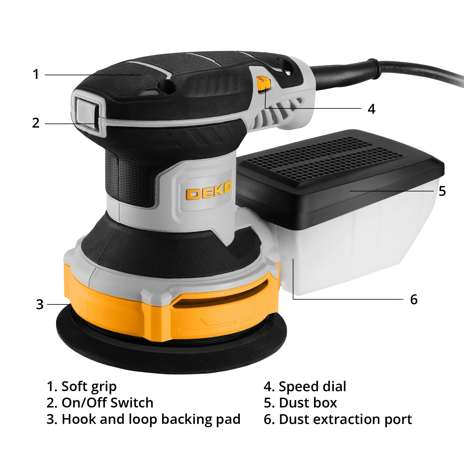 DEKO 300W Orbital Sander Sanding 14000RPM 16 Pieces Sandpaper 125 mm Pad Dust Collector for household Wood and Steel Surf