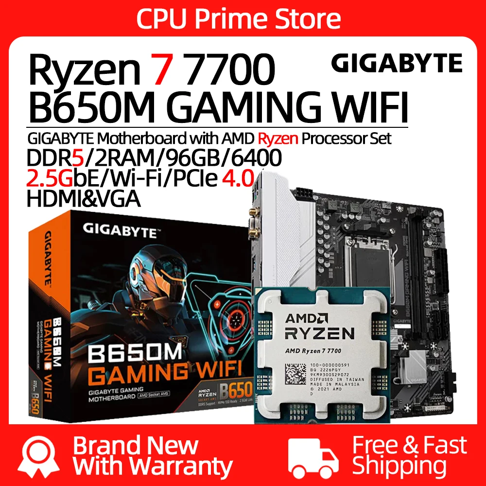 AMD Ryzen 7 7700 + GIGABYTE B650M 게이밍 와이파이 마더보드 및 프로세서 세트 키트, Ryzen 5.3GHz 8 코어 16 스레드 데스크탑 PC 게이머