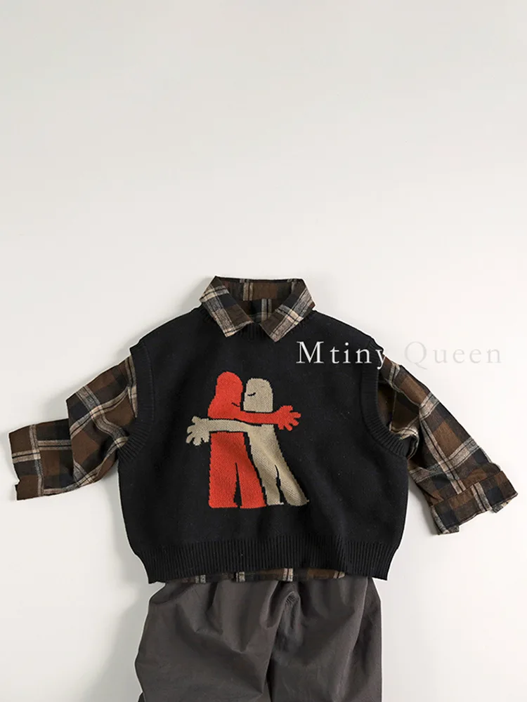 Kids Sweater Autumn Children Sleeveless Sweater Fashion Print Boys Girls Cotton Knit Vest O-neck Loose Kids Vintage Sweater