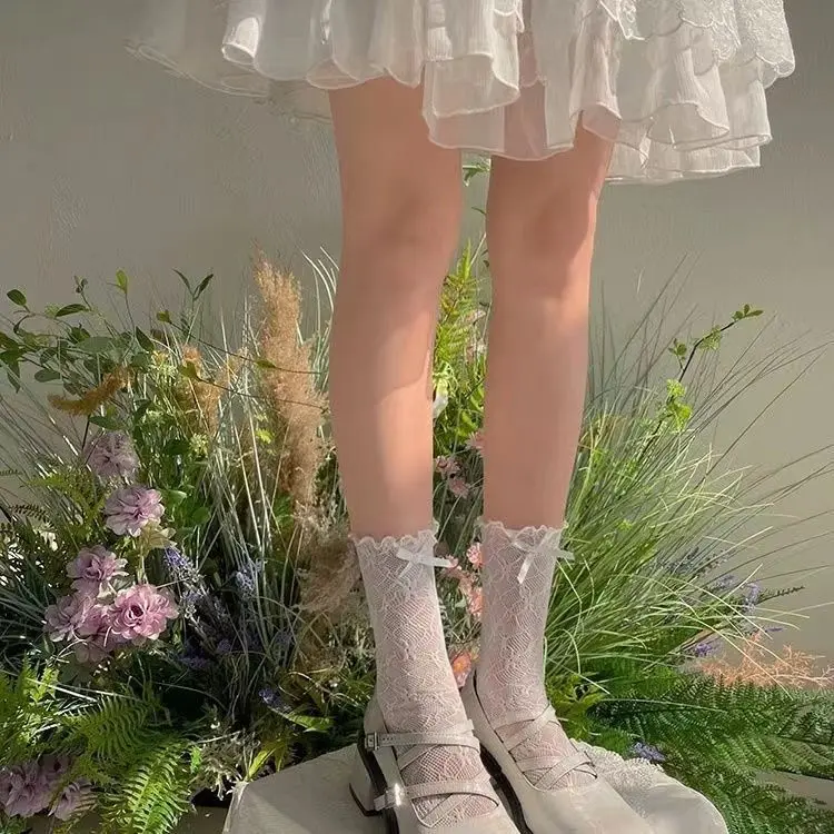 Damen Socke Frühling Sommer atmungsaktiv ultra dünne Spitze Socke farbige Schleife Mädchen dünne Socke einfache Mode Trend einfarbig Großhandel – Detail 1