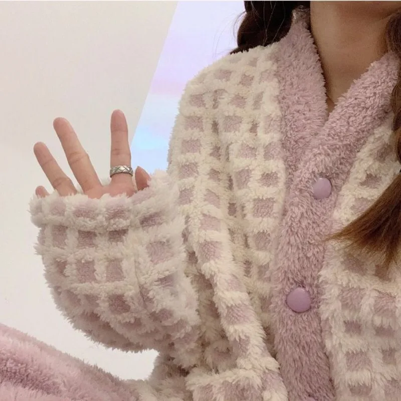 2024 New Autumn Winter Pajamas Cute Little Fragrance Style Loungewear Coral Velvet Thickened Plush Warm Homewear Two-piece Set