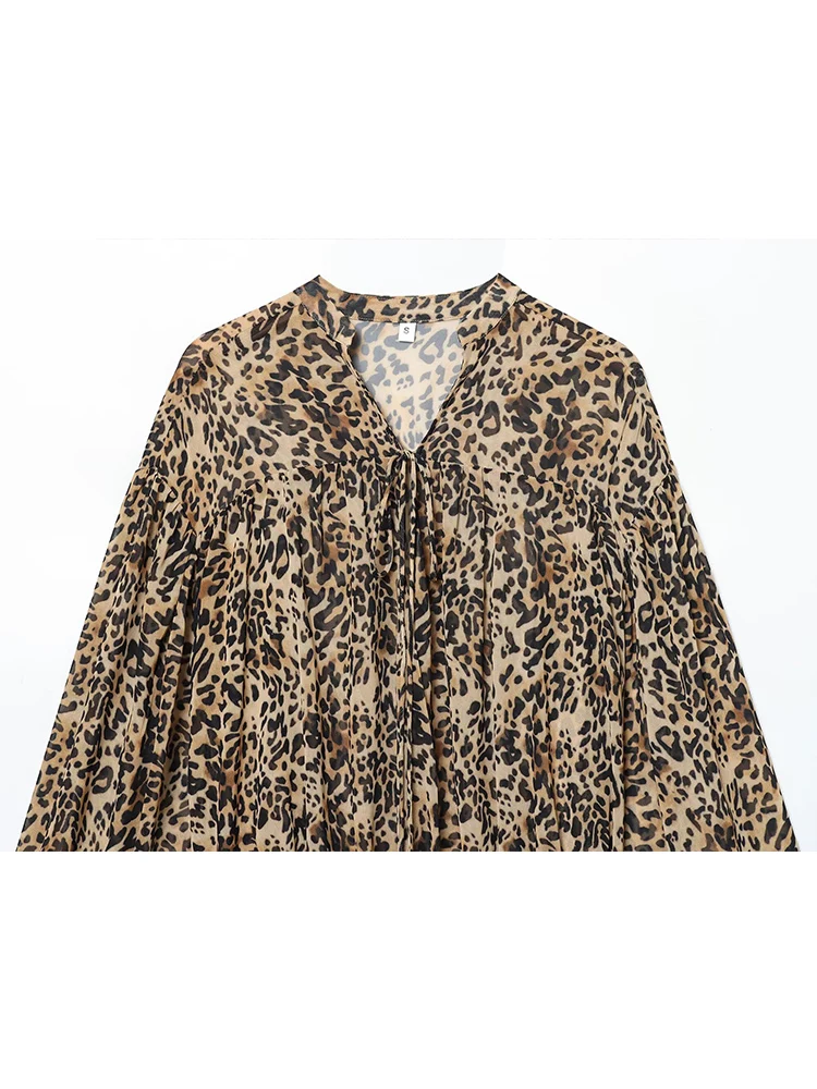 New Ladies Sexy Long Sleeve Mini Dress Summer Leopard Printed Lace Up Beach Dress Chic Tierred Decoartion Female Short Dress