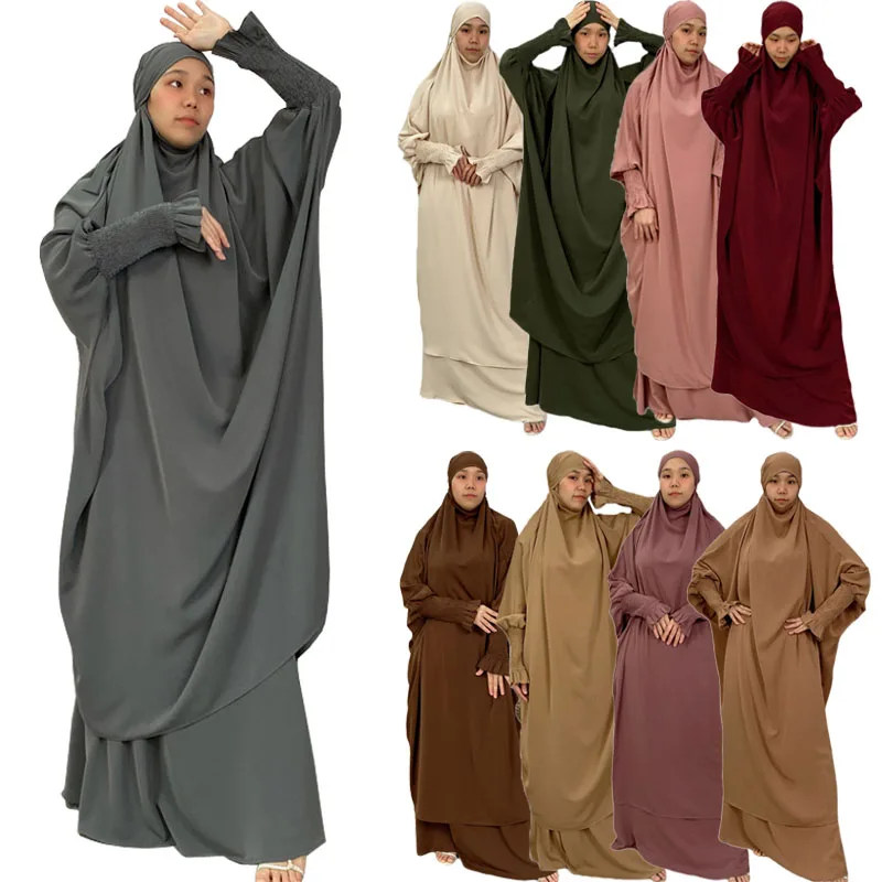 Donne Musulmano Preghiera Indumento Overhead Con Cappuccio Khimar Caftano 2 Pezzi Set Eid Ramadan Hijab Dress Niqab Abaya Sciarpa Caftano Islamico