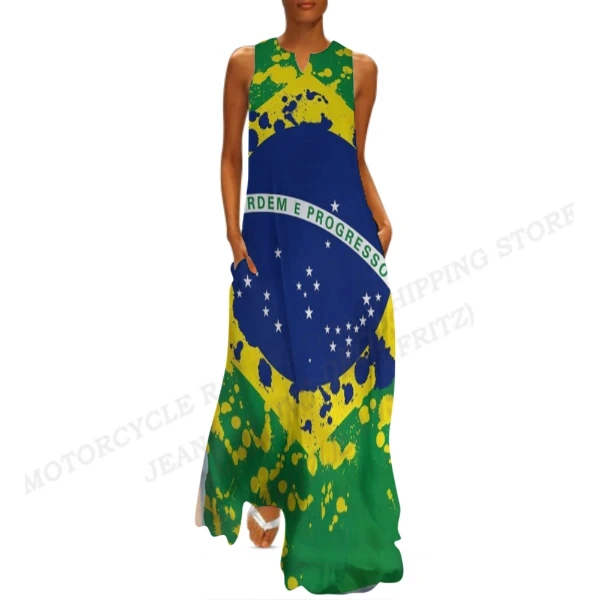 Brazil Flag Dress Women Fashion V-neck Long Dress Party Evening Casual  Brasil Women Dresses Elegant Boho Maxi Vestido Beach Robe