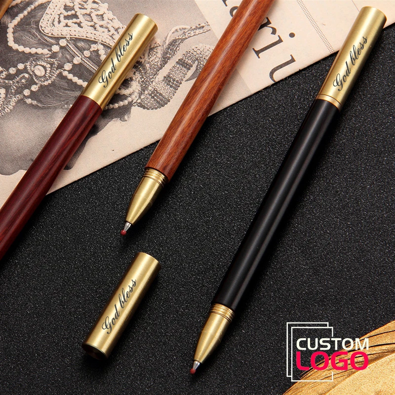 Retro Brass Natural Wood Body Gel Pen Personalized Custom Engrave Logo Ebony Red Sandalwood Signature  Pen School Supplies Gift