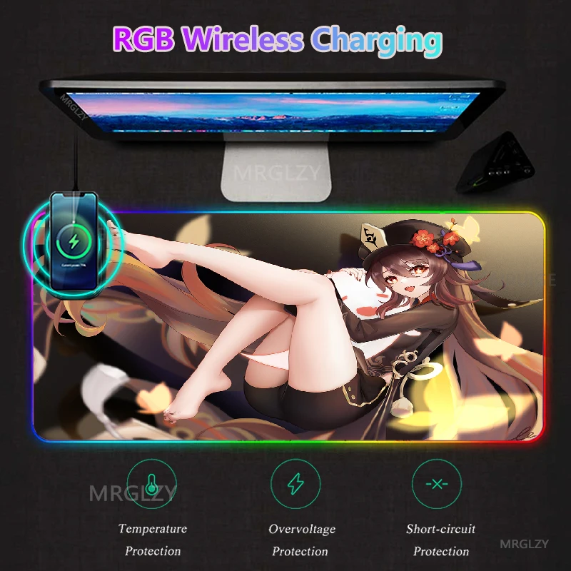 

Hutao RGB LED Mouse Pad Wireless Charging DeskMat Sexy Busty Girl Backlit Charger Mat Genshin Impact Gaming Accessories MousePad