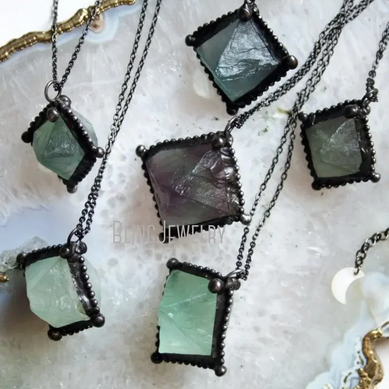 

10pcs Green Fluorite Octahedron Crystal Long Layered Necklace Witch Boho Goth Chain Halloween Grunge Y2k Stainless Steel Jewelry