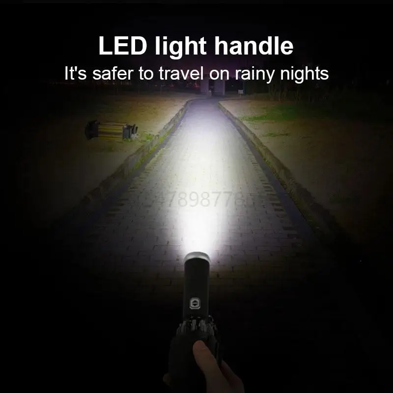 Folding Umbrella Automatic Umbrella Windproof LED Flashlight Reflective Stripe Reverse Light Rain Men Women Large