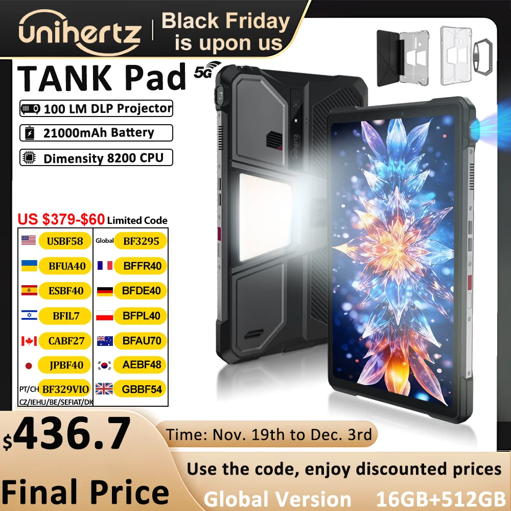 Unihertz Tank PAD 8849 Rugged Projector Phone Tablet Android 32GB 512GB 21000mAh 10.95" FHD Dual Speaker Waterproof Tablet
