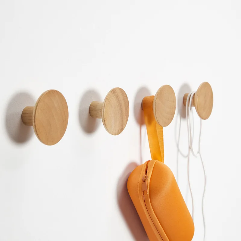 

Rubber Wood Hook No Punching/Screw Punching Installation Circular-Shape Key Coat Bag Holder Wall Storage Organizer Home Accessor