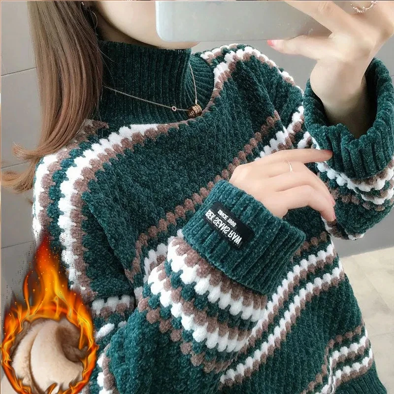 

Women's 2024 High-Necked Thick Striped Sweater Autumn Winter New Streetwear Loose Warm Top Chic Knitted Pullovers Sweater Female