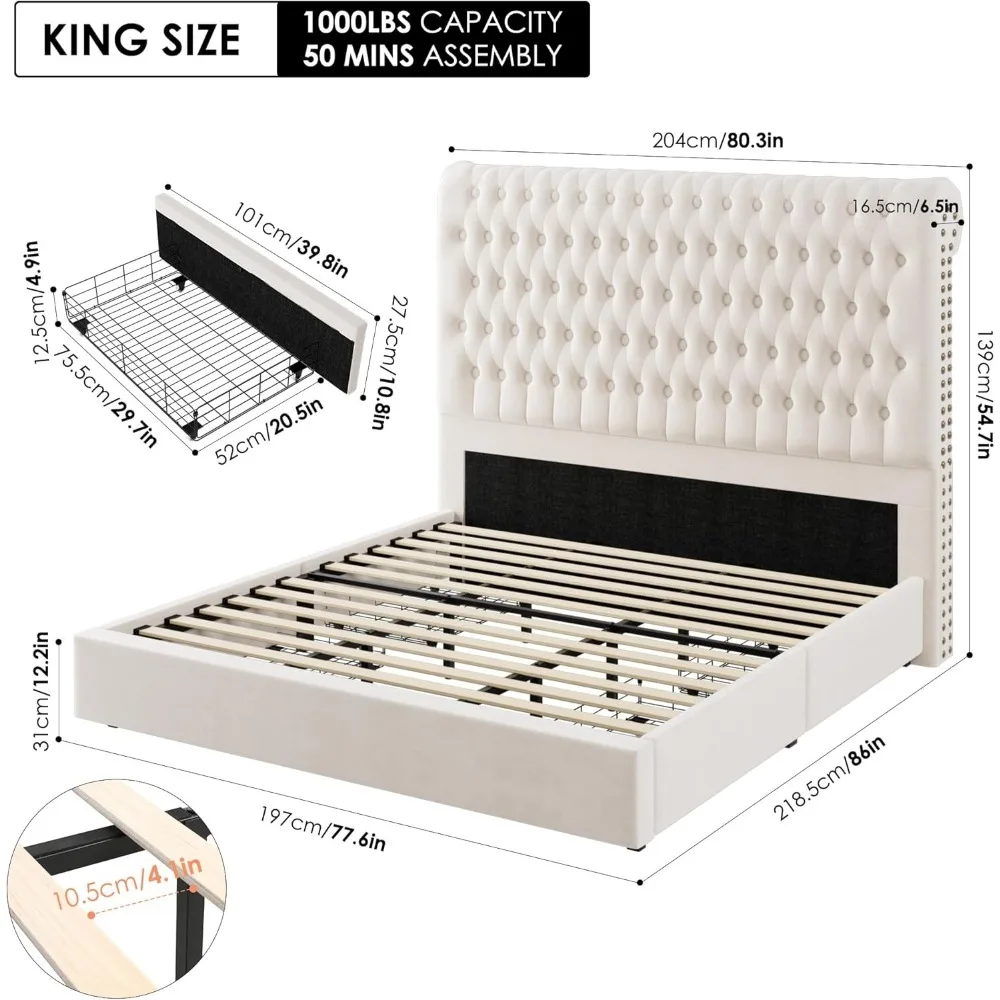 King Size Bed Frame Tall Headboard,Velvet Fabric Upholstered Bed Frame，4 Under-bed Storage Drawers,Wooden Slats,Noise-Free,Beige 2