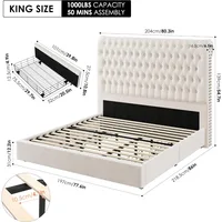 King Size Bed Frame Tall Headboard,Velvet Fabric Upholstered Bed Frame，4 Under-bed Storage Drawers,Wooden Slats,Noise-Free,Beige 2