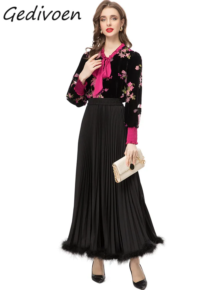 

Осенний модный дизайнерский винтажный комплект Gedivoen с юбкой с цветочным принтом, Женский Узкий топ с V-образным вырезом и длинная Плиссированная юбка, комплект из 2 предметов