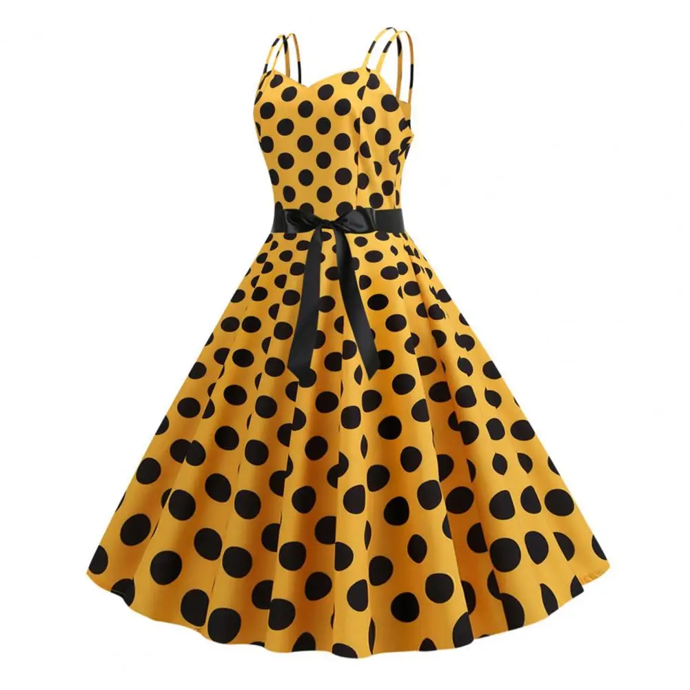 

Women Sundress Elegant Retro A-line Midi Dress with Bow Decor Dot Print for Women for Parties Weddings Proms Women A-line Dress