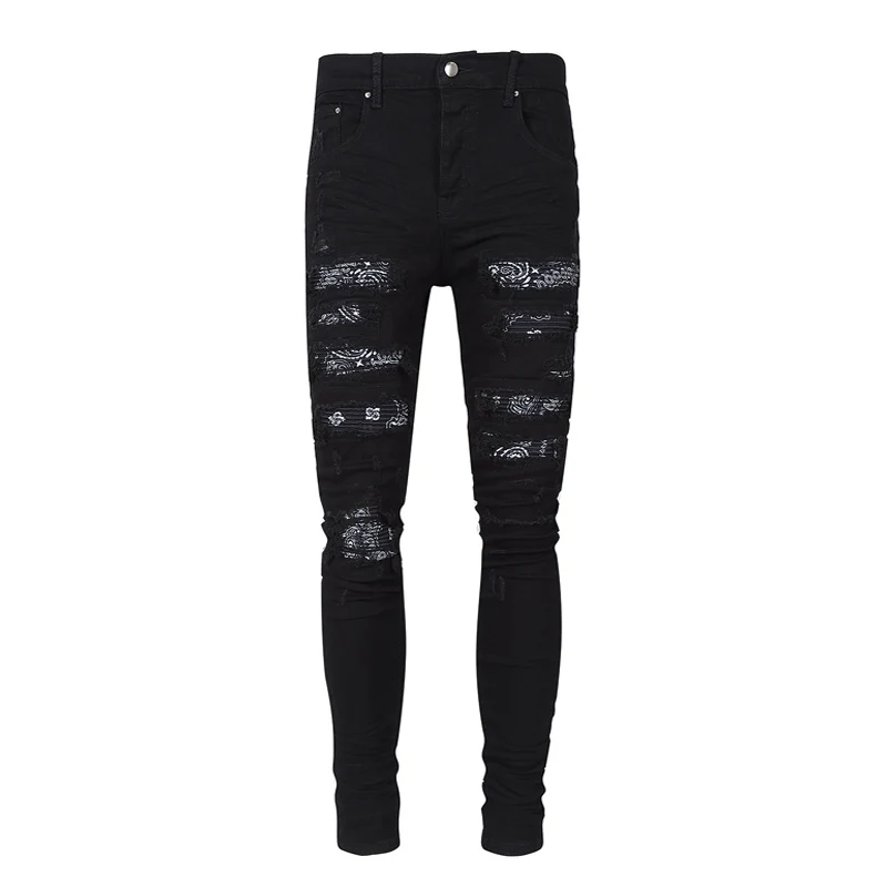 High Street Fashion Men Jeans Black Elastic Stretch Skinny Ripped Jeans Men Paisley Patched Designer Hip Hop Brand Pants Hombre