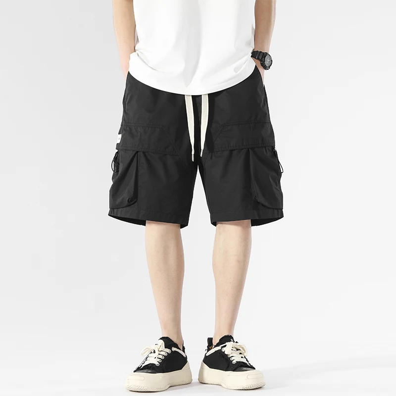 Summer Men's Solid Pockets with Elastic High Waist Casual Drawstring Loose Work Clothes Sports Trousers Fashion Vintage Shorts