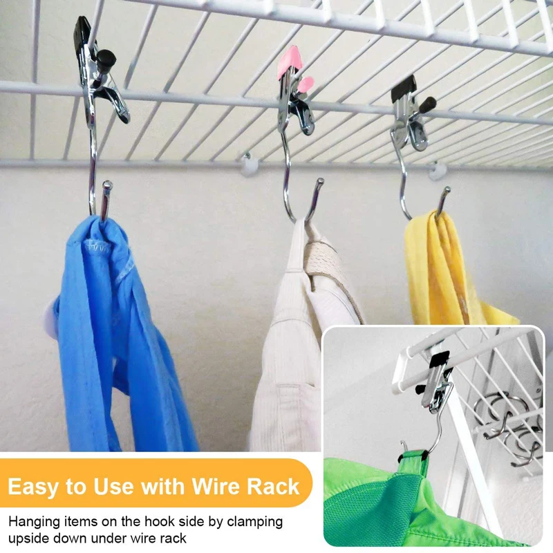 12PCS Laundry Hanging Hooks with Clips Boot Hanger Heavy Duty Clothes Pins,  Portable Metal Drying Clip for Bras, Socks, Towels, Underwear