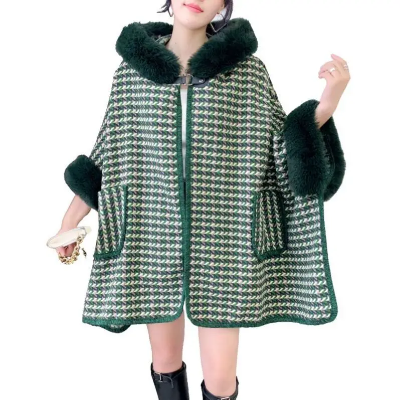 5 Colors Fashion Women Loose Cloak Houndstooth Designer Long Streetwear Faux Rabbit Fur Hat Horn Button Poncho Coat With Pocket