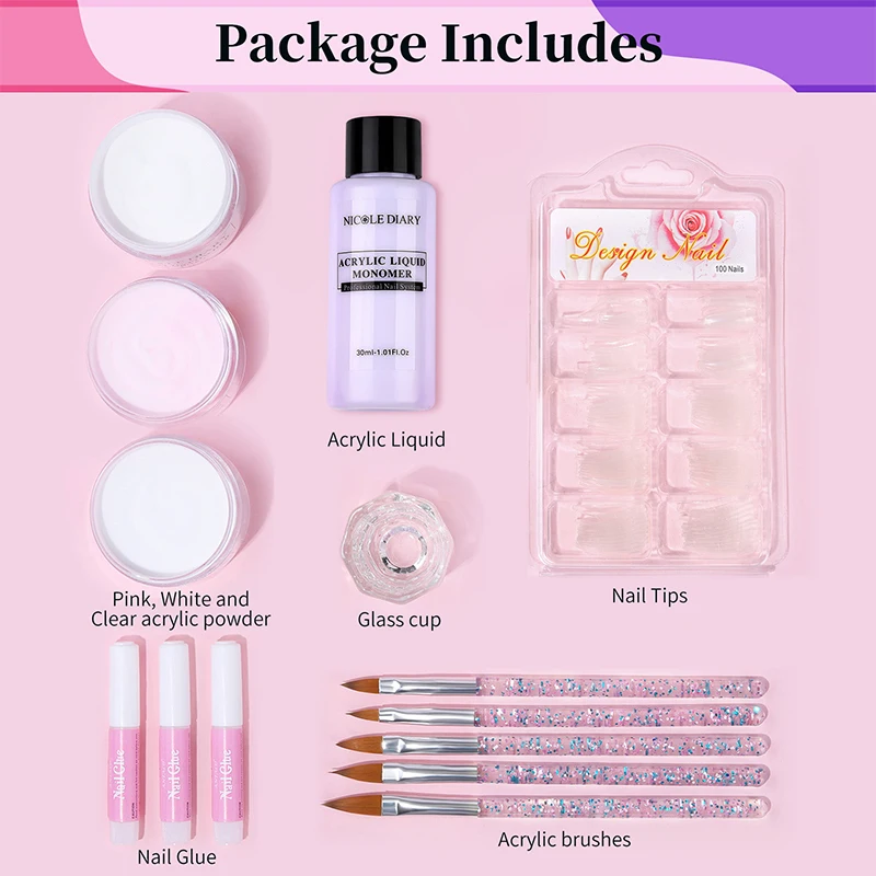 Acrylic Powder Liquid Set Nail Brush Kit Nail Forms 3D Tips Carving Extension nail powder nail acrylic liquid acrylic nail powder nail kit