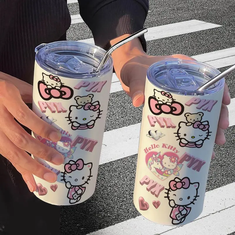 Kawaii Hello Kitty Reusable Coffee Cups with Lids Straw Portable Vacuum  Cold Hot Cup for Water Juice Milk Camping Water Bottle - AliExpress