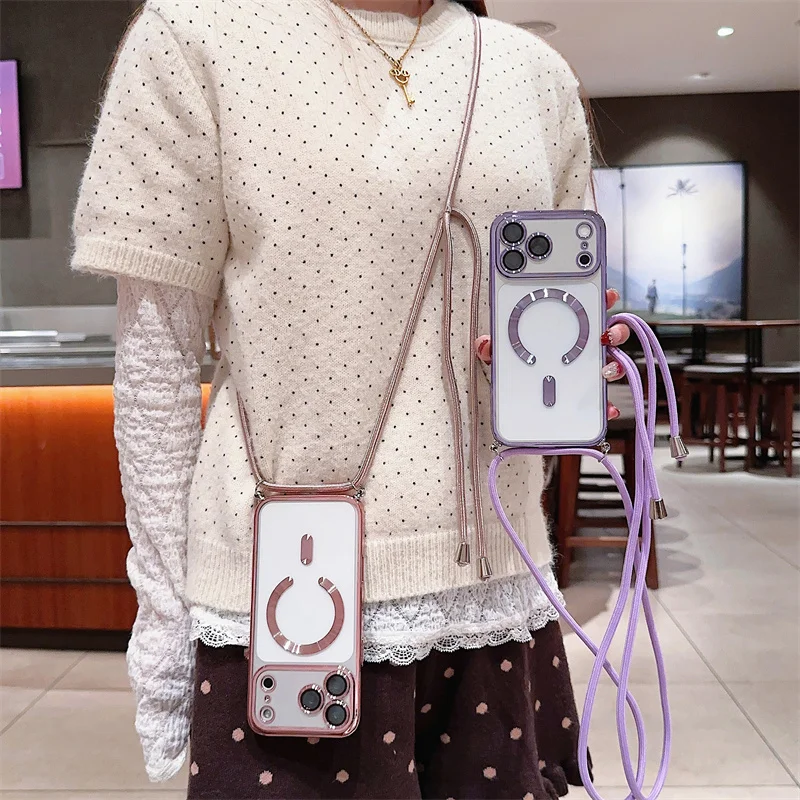 Clear Magnetic Crossbody Lanyard Case with Electroplated Soft TPU Back Cover