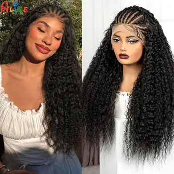Parrucche per capelli ricci afro crespi frontali in pizzo da 26 pollici 13x6 con trecce Cornrow parrucche sintetiche per capelli ricci brasiliani di Remy per donne nere