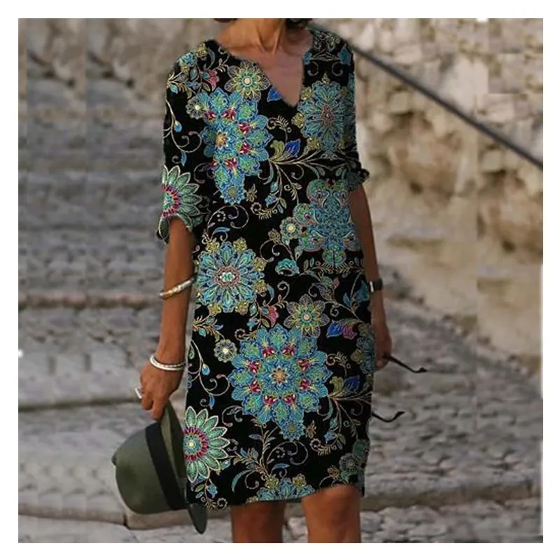 Women's Printed Loose Linen Floral Short-sleeved Retro Literary Round Neck Three-quarter Sleeve Knee-length Dress