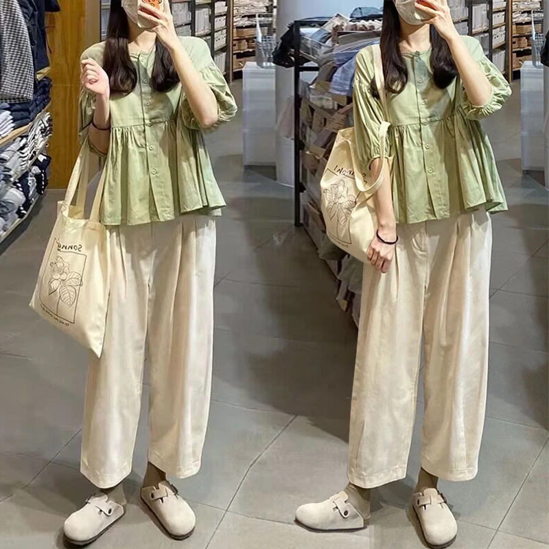 Korean Style Maternity Clothes Set Loose Casual Half Sleeve Shirts+Cotton Linen Belly Pants Twinset Pregnant Woman Trousers Sets