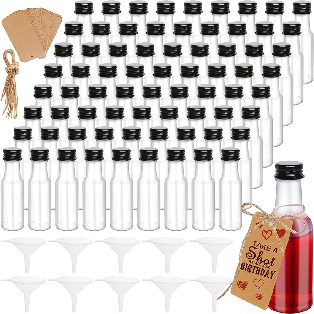 30 Pack 1.7oz Mini Plastic Liquor Bottles With Black Caps & 10 Funnels - Perfect For Party Favors, DIY, & Wedding Supplies - View #2