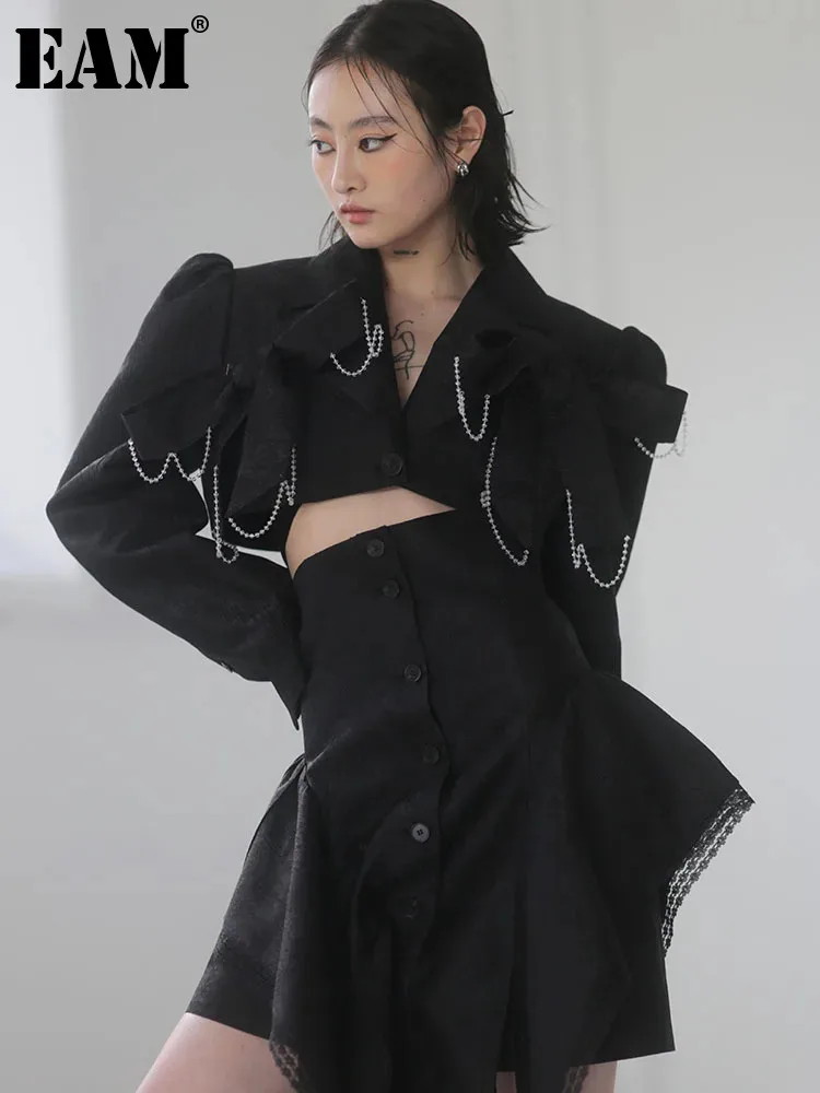 

[EAM] Loose Fit Black Chain Bow Short Shaped Jacket New Lapel Long Sleeve Women Coat Fashion Tide Spring Autumn 2024 1DE7196