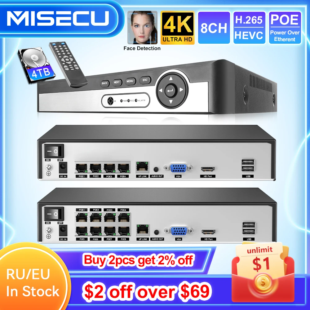 MISECU H.265 8CH 8MP 5MP 4K 1080P POE NVR POE Network Camera ONVIF