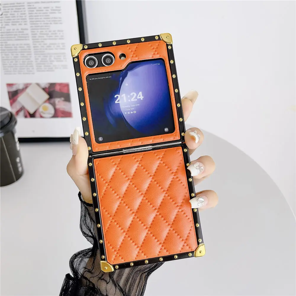 Coque de placage en cuir PU avec grille 3D, étui carré antichoc pour Samsung Galaxy Z Flip 5 Zflip 4 3_voghion.com