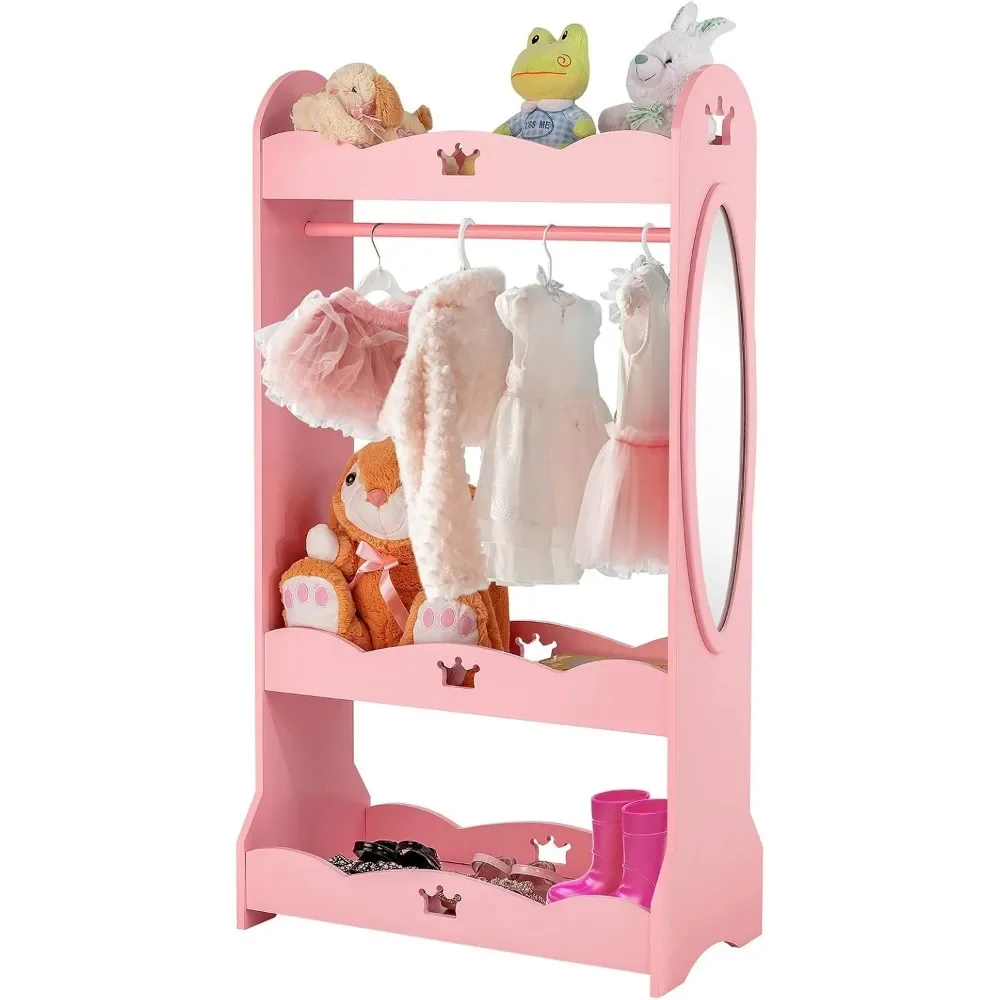 Children's Wardrobes,Kids Dress up Storage Wardrobe,Toddler Armoire Dresser Wardrobe w/Mirror & Cloth Hanger,Cute Crown Patterns 6