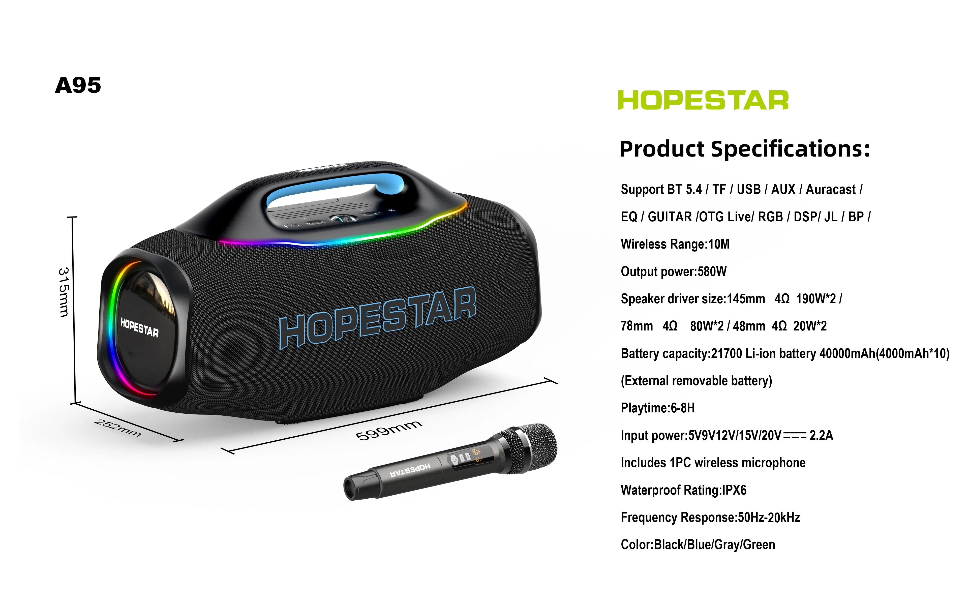 HOPESTAR A95 580W 휴대용 블루투스 스피커 (UHF 무선 마이크 포함) 40000mAh 배터리 야외용 붐박스 (RGB 조명 및 AuraCast 기능 탑재)