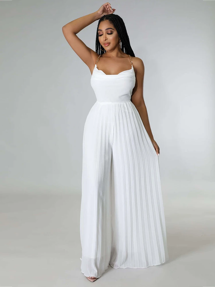 Women Elegant Long Jumpsuits Summer One Piece Open Back Halter Jumpsuit Wide Leg Pant Chiffon Jumpsuit Wholesale Dropshipping