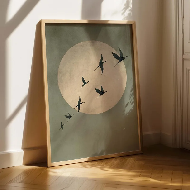 Japandi Sage Green Abstract Sun and Birds Wall Art - Large Frameless Canvas