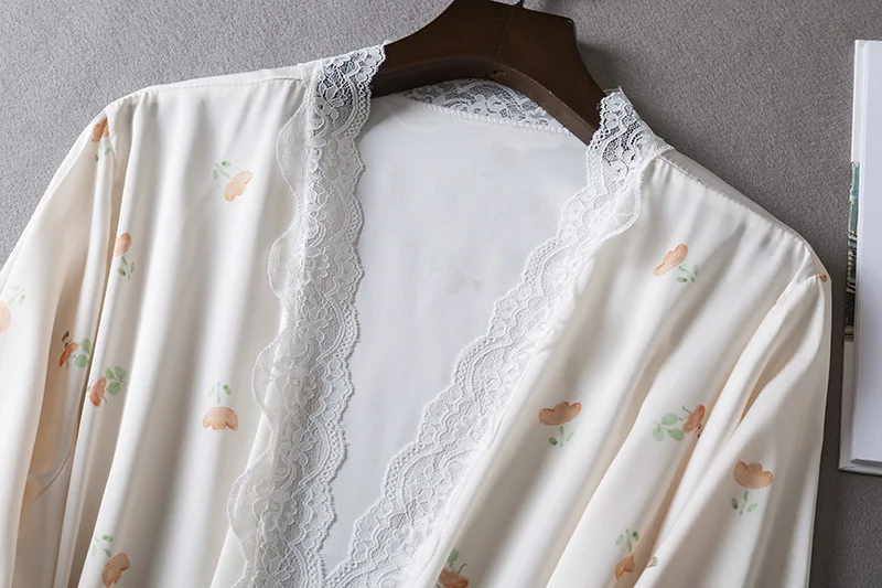 Summer 3PCS Pajamas Set Women Kimono Sleepwear Lingerie Print Lace Bathrobe Sexy Strap Top&shorts Pijamas Suit Home Wear Clothes women pajamas set women pajama suit