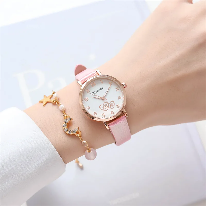 

Macaron Quartz Cartoon Heart Dial Watch for Ladies Fashion Stainless Steel Dial Casual Bracelet Watch Leather Wrist Watch