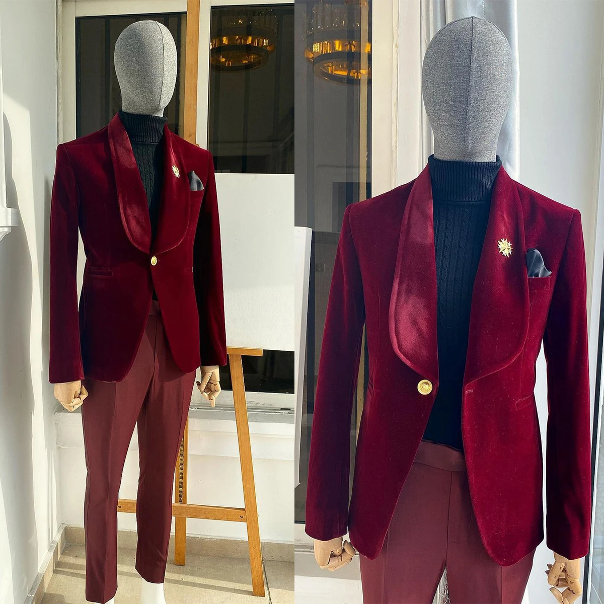 

Red Men's Suits Tailored 2 Pieces Velvet Blazer Burgundy Pants One Gold Button Sheer Lapel Formal Groom Slim Customed Plus Size